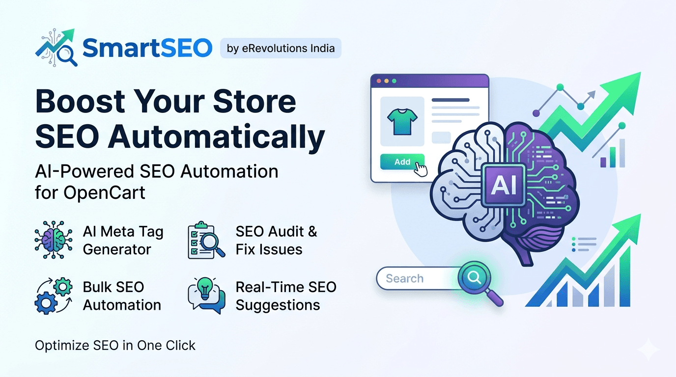 SmartSEO OpenCart 4 extension banner for AI SEO, audits, and bulk meta